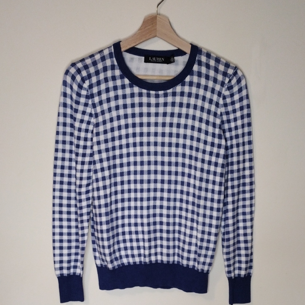 Lauren Ralph Lauren Blue and White Gingham Checked Sweater Size M